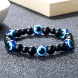 Strand handgjorda turkiska stil charm blå ögonpärlor armband för kvinnor män svart obsidian naturlig sten lava pärlhaltig elastisk