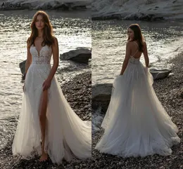 Abiti da sposa sexy in pizzo Boho A Line senza spalline applicati Abiti da sposa premaman da spiaggia in tulle Sweep Train Plus Size Abito da ricevimento per la sposa CL2044