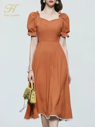 Casual Dresses H Han Queen Elegant Fashion Color Matching Puff Sleeve A-Line Dress Women