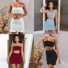 Tute da donna 2021 Summer Fashion Sexy Solid Slash Neck senza spalline Backless Crop Tops Slim Package Hip Folds Dress Lady P230307