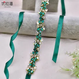 الإمدادات الاحتفالية Youlapan Green Diamond Bridal Belt Handmade Rhinestone Pearl Jewelry Wedding Dress Weist Cover Alloy Diamond Weist Chain S437