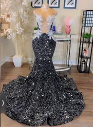 Sexiga svarta paljetter sjöjungfrun promklänningar för arabiska kvinnor 2024 Lace Applique Party -klänningar Lång kvällsklänning Vestidos de Graduacion