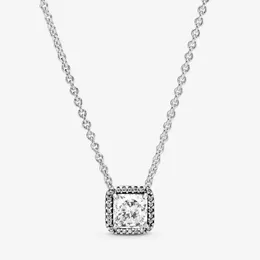 Square Sparkle Halo Necklace Real Sterling Silver for Pandora CZ Diamond Wedding designer Jewelry For Women Girlfriend Gift Link Necklaces with Original Box Set
