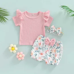 Giyim setleri yaz bebek kız giyim kıyafeti 3pcs kıyafet setleri yürümeye başlayan çocuk kısa kollu tshirt çiçek fener şortu kafa bandı bebek çocuklar 6m3y z0321