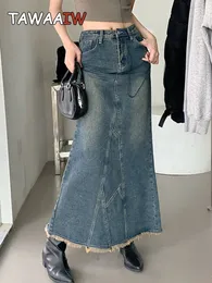 Kjolar tawaaiw amerikansk retro trumpet sjöjungfru denim kvinnor y2k vintage hög midja smal steampunk bandage jeans maxi koreanska 230321