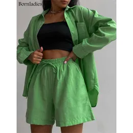 Kadınların Takipleri Bornladies Şık Pamuklu Günlük Kadın İki Parça Kısa Setler Yaz Yüksek Bel Yeşil Gömlek Takım Seti Moda 2 Parçası 2022 P230307