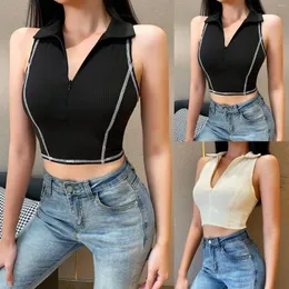 Women's T Shirts Sexy Women Solid Color V Neck Sleeveless Zip Knitted Vest Slim Cropped Tank Top