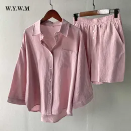 Femininos de tracksuits wywm algodão de verão e linho lençam mulheres básicas solto duas peças Mangas longas camisas de cordão de cordão alto calças de cintura altas ternos