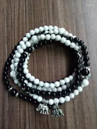 Strand 2 PC Set 108 Mala Beads White Howlite Black Onyx Bracelet 4 Laps Bracelets Elephant Prendant