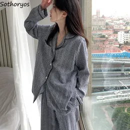 Kvinnors sömnkläder elegant rutig pyjama sätter kvinnor enkla singelbröst ins hemkläder nattliga mjuka anbud harajuku mild nattkläder casual 230321