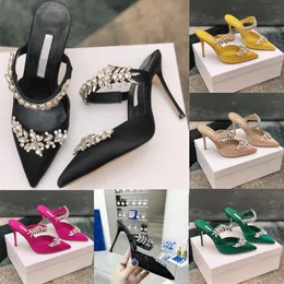 新しい女性クリスタル装飾シルクサンダルレッドソリッドカラースリッパサマーハイヒールの女性靴とダイヤモンド