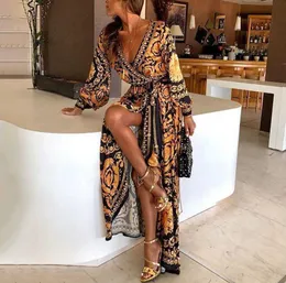 Dresses casuais 2019 Novo estilo moda Mulheres elegantes Seexy Boat Glitter Glitter Deep V Necck Print Dress Vestido Longo Formal Longo Clubes Sexy