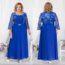 Blaue Plus Size Perlenspitze Kleider für die Brautmutter, quadratischer Ausschnitt, lange Ärmel, Hochzeitsgastkleid, A-Linie, Chiffon-Abendkleider