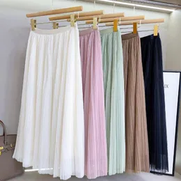 Skirts Elegant Tulle Skirt Women Elastic High Waist 3 Layers A-line Pleated Mesh Long Bride Tutu Female Jupe Longue SK25