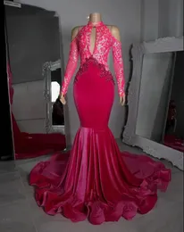High Neck velvet Evening Dresses For Black Girls 2023 Fuchsia Sparkly Sequined Long Sleeves Plus Size Birthday Party Mermaid Prom Gowns