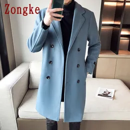 남자 양모 블렌드 Zongke Double Breasted Solid Coats 겨울 롱 코트 재킷 오버 코트 트렌치 M3XL 230320