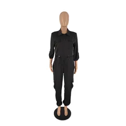 Nya sommar jumpsuits kvinnor korta ärm rompers solid blixtlås av vridning av krage bodycon jumpers en bit overaller lastbyxor med fickor grossist 9532