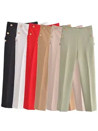 Pantaloni da donna Capris Willshela Moda donna con bottoni Pantaloni solidi Vintage Vita alta elastica Donna Chic Lady Pantaloni larghi Mujer 230321