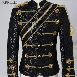 Herrenanzüge Blazer Herren Schwarz Pailletten Steampunk Blazer Jacke Stehkragen Quaste Design Blazer Männer Nachtclub Party Abschlussball Rock and Roll Kostüme 3XL 230321