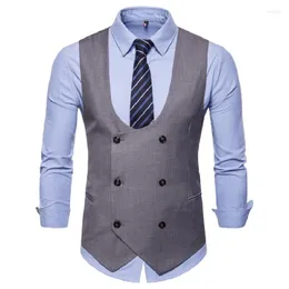 Men's Vests U-neck Suit Vest For Men Business Casual Men's Dress Waistcoat Gilet Sleeveless Formal Jacket Slim Fit Double-breasted