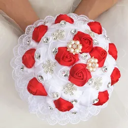 Bröllopsblommor Wifelai-A 1-stycken Luxury White Red Rose Lace Brosch Bridal Bouquets Diamonds Stitch Decoration W2281