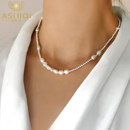 Beaded Necklaces ASHIQI Natural 7mm Baroque Pearl Choker Necklace 925 Sterling Silver Jewelry for Women Trend 230320