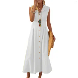 Sıradan Elbiseler Kayotuas Kadınlar Elbise A-line Yaz Yakası Kolsuz Dönüş Pamuk Pamuklu Keten Bayanlar Boho Sundress Beyaz Sarı Pembe