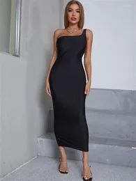 Casual Dresses Ingrily Elegant Maxi Dress for Women Solid One Shooth Mante Sleeveless Body Shaping Long Party Clubwear Female