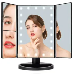 Infitrans 3 Folds Lighted Vanity Makeup Compact Mirror 1X/2X/3X Magnification 22 LED Bright Table Mirrors Touch Screen 180 Adjustable Rotation Portable