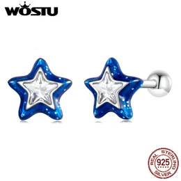 Charm Wostu 100% 925 Prata esterlina Mini Brincos de Estrela Blue Star para mulheres Estrelas Estrelas de zircão Ear pregos de jóias de casamento finas 230320