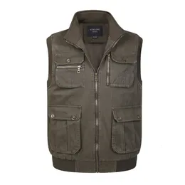 Mäns västar Multi Pocket Ytterkläder Tool Vest med många vårens hösten manlig casual bomullspograf Work Baggy ärmlös jacka 230320