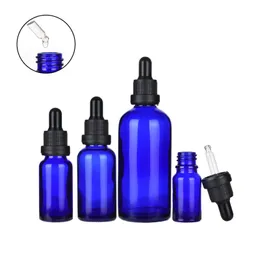 Flaconi contagocce blu vuoti all'ingrosso Contenitore per imballaggio cosmetico in vetro da 5-100 ml con coperchio antimanomissione nero