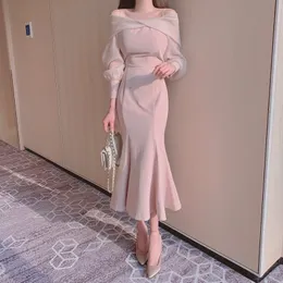 Festklänningar koreanska chic vår elegant temperament fisktail klänning utanför axlar snedstreck långärmad mesh kläder smala sjöjungfru midi vestidos 230322