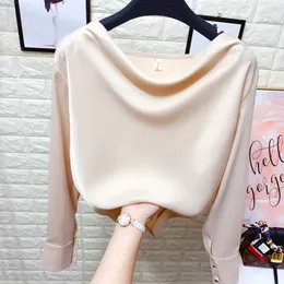 Women's blouse OL slash neck drapped satin fabric long sleeve shirt MLXL