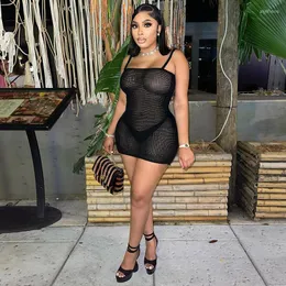 Casual Dresses 2023 Black Mini Dress Women's Fashion Sexig Tight Mesh Hollow Out Seugh Summer Nightclub Party Clothing