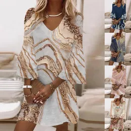 Skirt Fashion ALine Dress Vintage Marble Print Flare Sleeve VNeck Loose Mini Female Summer Elegant Beach Vestidos 230322