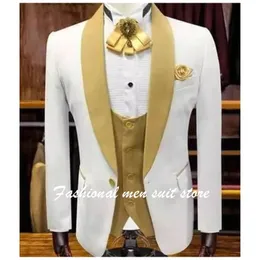 Abiti da uomo Blazer I più venduti Moda uomo bianco Abito 3 pezzi con risvolto oro Matrimonio Sposo Prom Uomo Blazer Masculino Giacca Pantaloni Gilet 230322