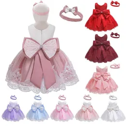 2023 Kids Girls Dresses Birthday Party Wear 6 Colors Big Bow Back Baby Frocks Spets Princess Dress With Hairband Tutu Kjol Babykläder 0-5T