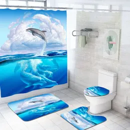 Shower Curtains Fashion 3D Dolphin Shower Curtain Set Animal Bear Green Plant Waterproof Fabric Bath Decor With Hooks Bathroom Curtains 230322