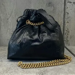 Crush small tote bag black leather aged-gold hardware women's shoulder bags crossbody chain strap drawstring closure handbag totes purse