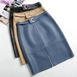 Skirts Jupe Longue Femme Ete Women Genuine Leather Faldas Coreanas OL Ladies Sheepskin Wrap Hip Blue/Khaki One-step Skirts Show Thin 230322