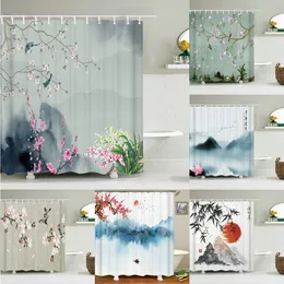 Duschgardiner kinesiska landskap badrum gardin 3d japansk stil blomma fåglar trycker duschgardiner vattentät polyester hem dekoration 230322