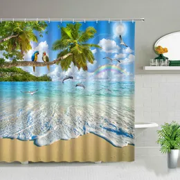 Shower Curtains Ocean Animal Beach Rainbow Parrot Dolphin Palm Tree Sea Scenery Shower Curtain Bath Screen Waterproof Fabric Bathroom Curtains 230322