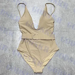Khaki baddräkt med bokstavsmärke Bälte Djup V-ringad badkläder för kvinnor Sexig rygglös bikini