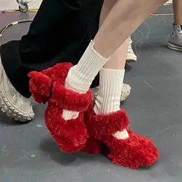 Red Mary Jane High Heels Sandals 여성의 성격 양자리 양모 펌프 1 스트랩 사각 발가락 블록 발 뒤꿈치 여성 파티 신발