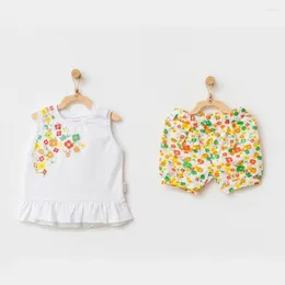 Девушка платья Hello Sunshine Baby Set из 2 шорт футболки Праздничная уличная одежда пляжная стиль рожденный малыш-рукавиц цветочный принт