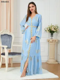 Ethnic Clothing Party Dresses Abayas For Women Dubai Printed Long Sleeve V-Neck Button Tape Trim Belted Kaftan Split Hem Clothes For Women 230322