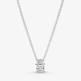 Sparkling Round and Square Pendant Necklace for Pandora 925 Sterling Silver Wedding designer Jewelry For Women Girlfriend CZ Diamond Necklaces with Original Box