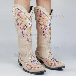 Сапоги Sarairis Fashion смешанные цвета колена высокая качественная женская обувь плюс размер 43 вышит западные сапоги