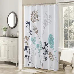 Shower Curtains Silhouette Blue Flower Polyester Waterproof Teal Fabric Leaves Printed Decorative Navy Floral Shower Curtain 230322